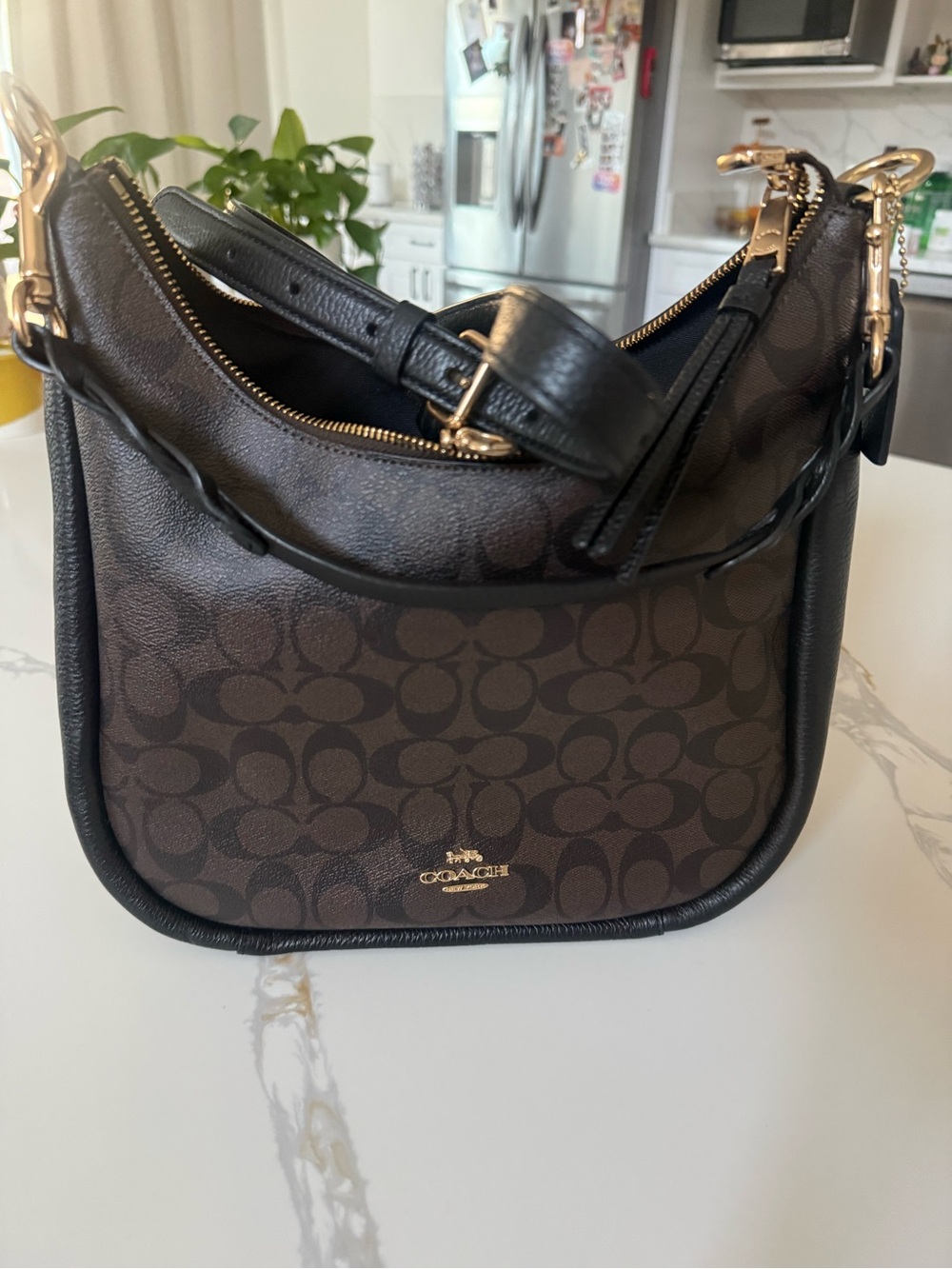 Coach Brown Logo-Print Hobo Shoulder Bag with Gold Hardware - Picture 4 of 4